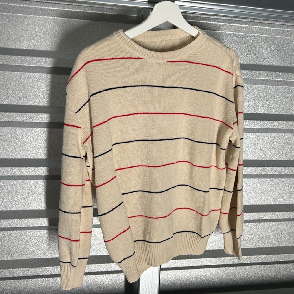 VINTAGE Striped Knit Sweater Mens Cream Preppy Nautical Retro Aesthetic